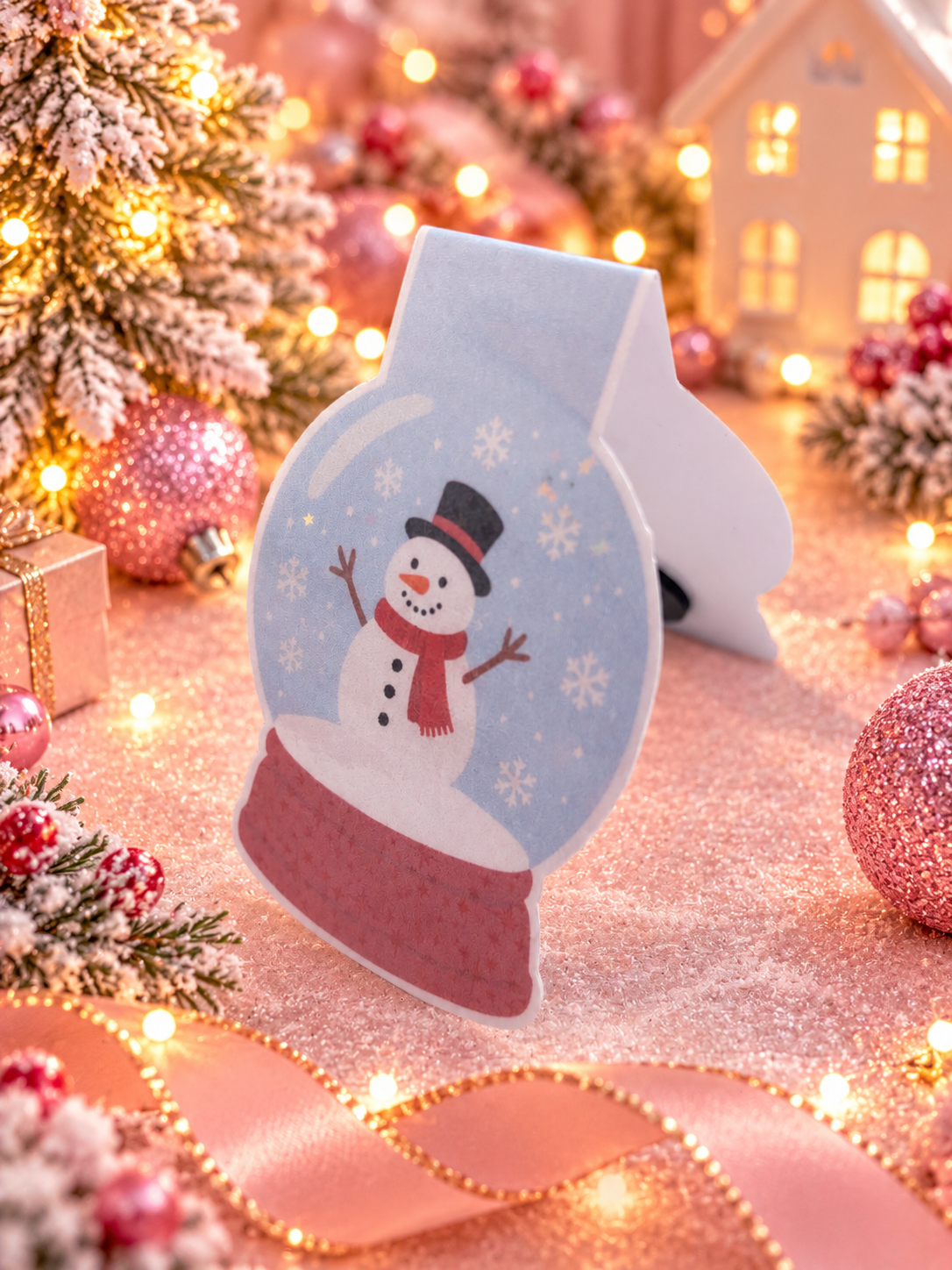 A festive Christmas snow globe shaped decorative bookmark, featuring a smiling snowman with a black top hat and red scarf inside a light blue globe, set against a warm, decorated holiday background with lights, ornaments, and a miniature house.