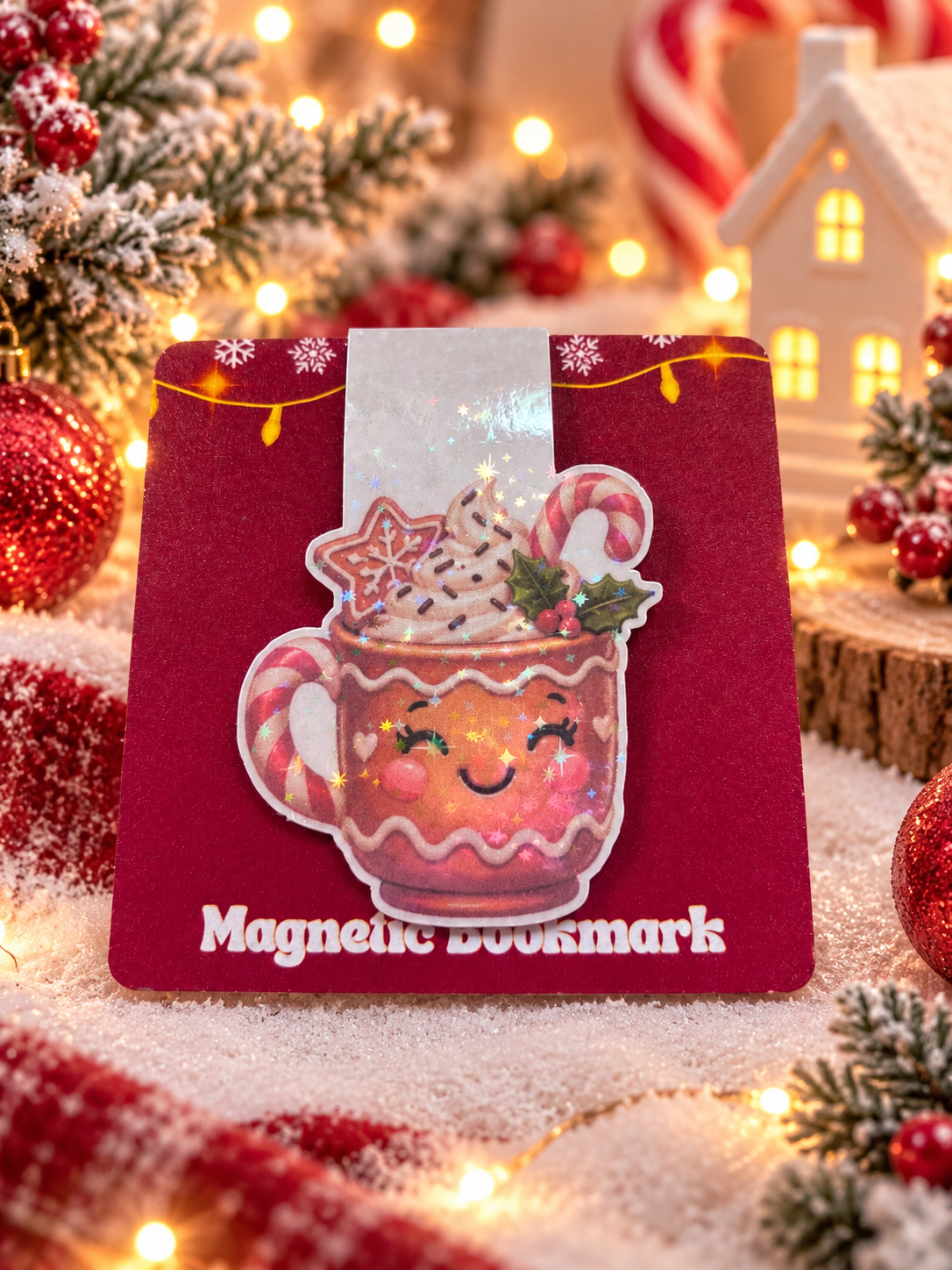 A festive Christmas-themed magnetic bookmark featuring a cute smiling mug filled with whipped cream, candy canes, and sprinkles, set against a red background with the text 'Magnetic Bookmark' at the bottom. The bookmark is styled on a snowy surface with warm holiday lights, pine branches, and red ornaments.