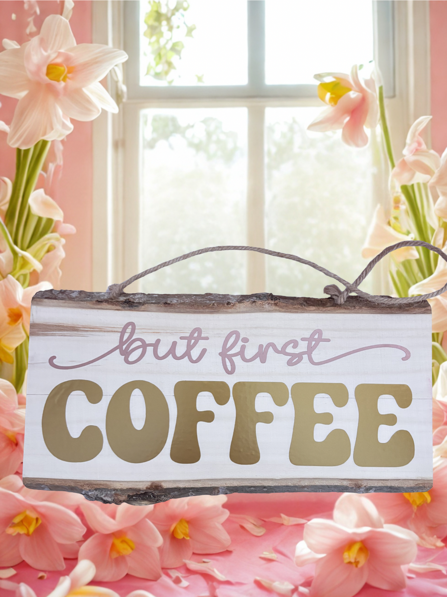 Rustic Wooden Home Sign – But First Coffee Plaque