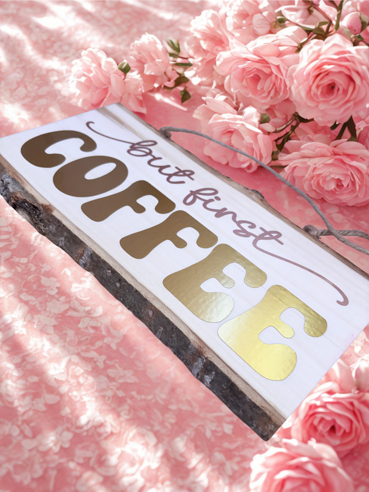 Rustic Wooden Home Sign – But First Coffee Plaque