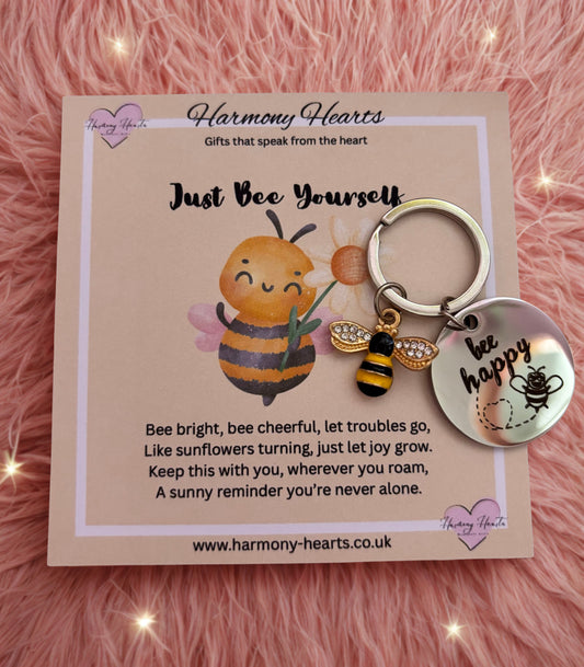 Bee Happy Keyring with Poem Card – Cute Bee Charm Gift for Positivity & Uplifting Encouragement