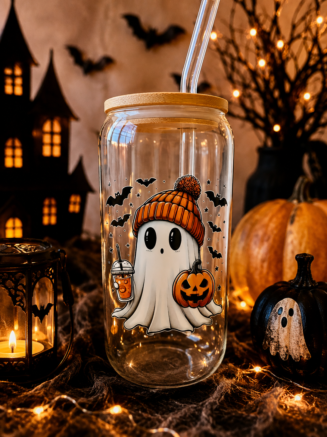 Halloween Ghost Glass Cup | Bamboo Lid & Glass Straw | Pretty Little Sips