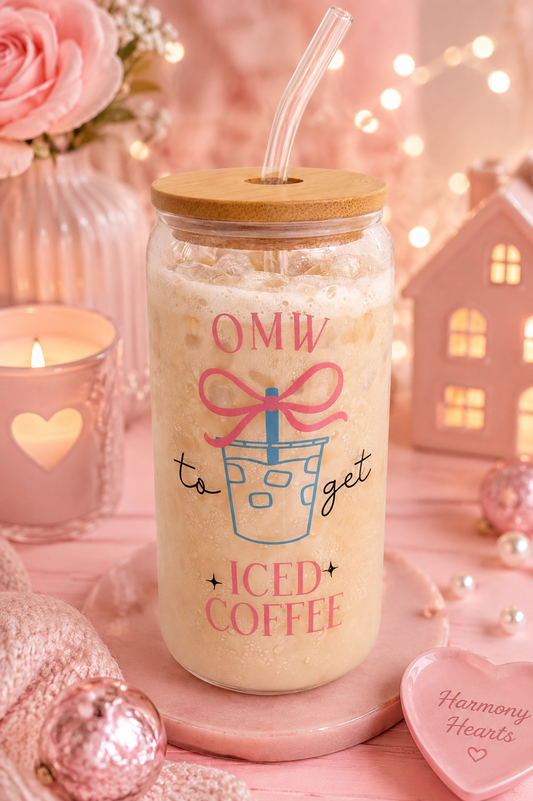 OMW To Get Iced Coffee Glass Cup | Cute Drink Glass with Straw & Lid
