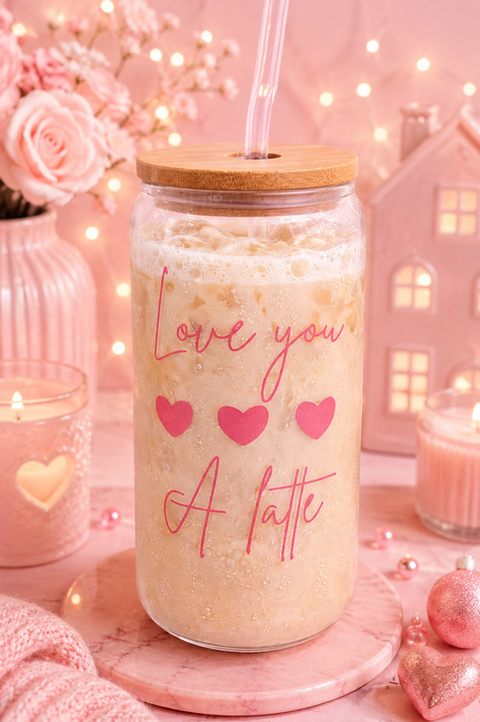 Love You a Latte Glass Cup | Cute Drink Glass with Straw & Lid