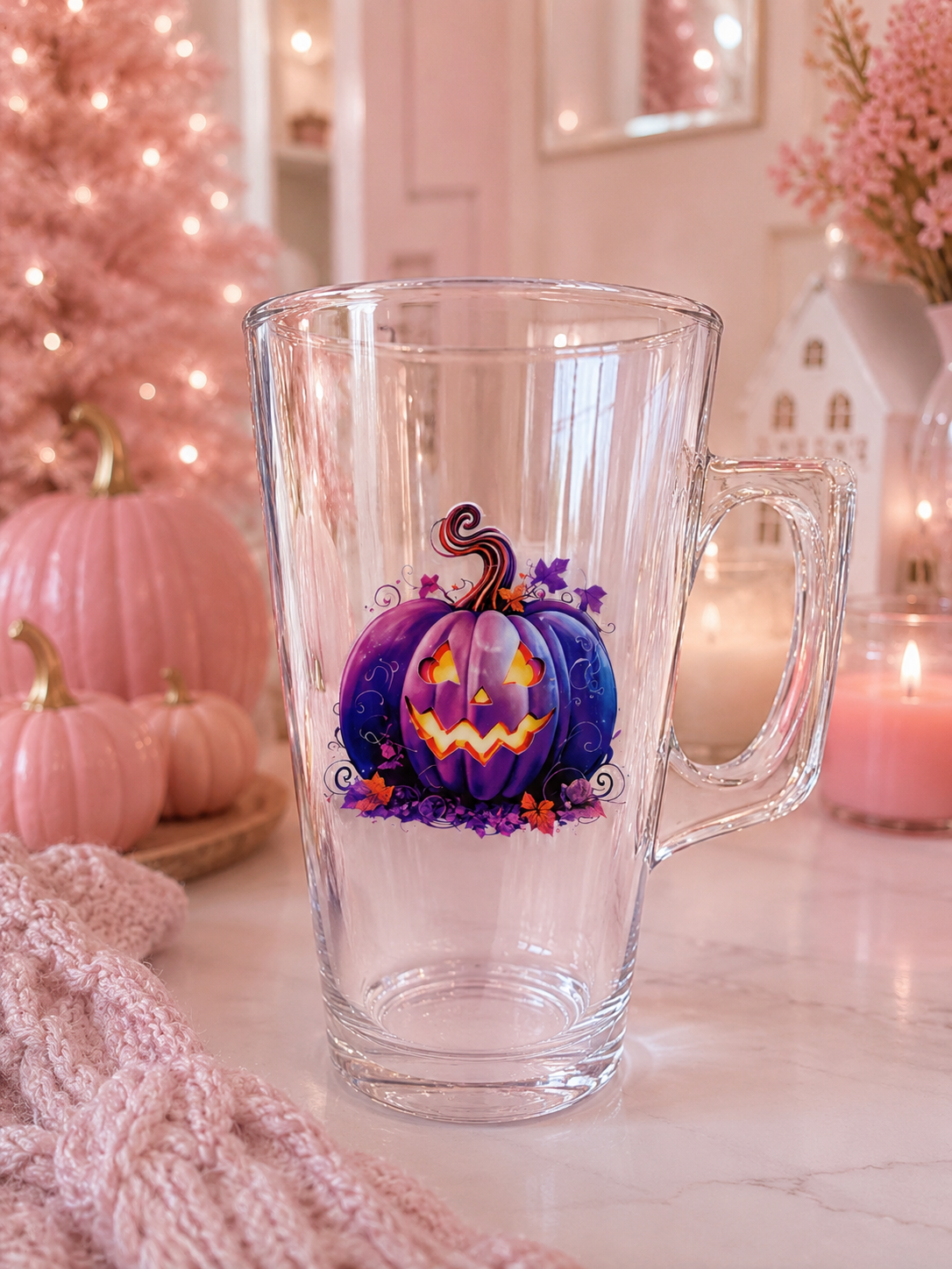 Purple Pumpkin Latte Glass Mug | 375ml Halloween & Autumn Coffee Glass
