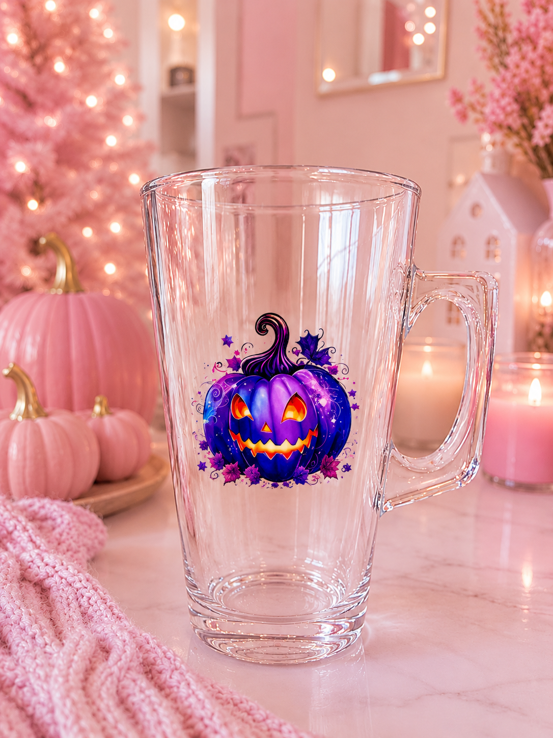 Purple Pumpkin Latte Glass Mug | 375ml Halloween & Autumn Coffee Glass