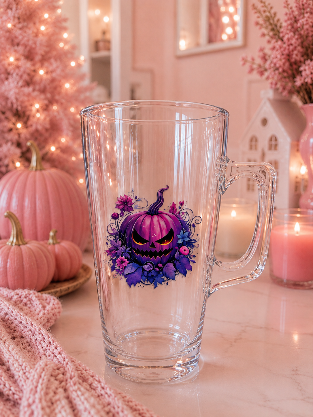 Purple Pumpkin Latte Glass Mug | 375ml Halloween & Autumn Coffee Glass