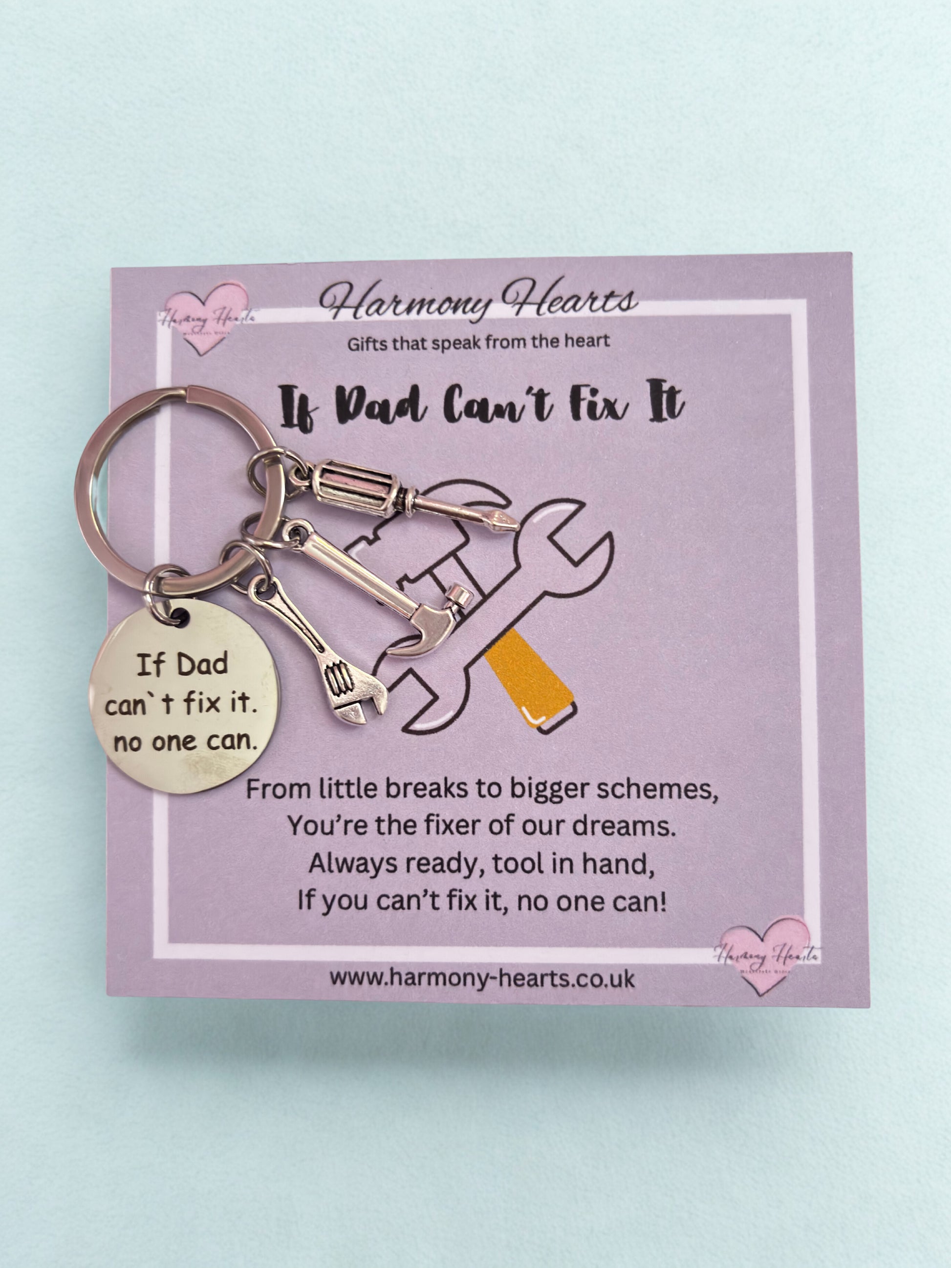 Keychain with tools on a card from Harmony Hearts