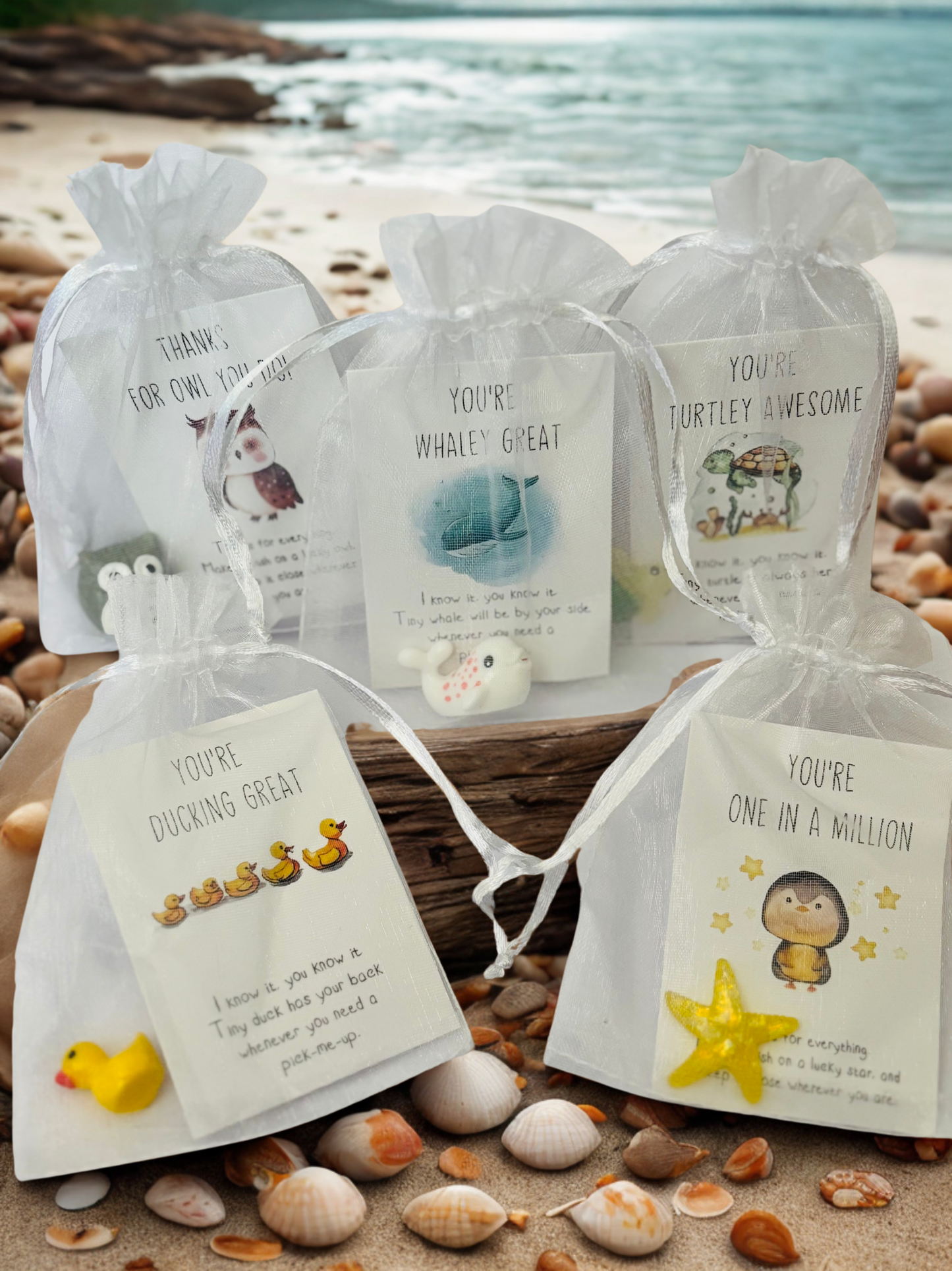 Inspirational Animal Pocket Favours — cute mini animal charms with uplifting message cards in organza bags, perfect for gifts, school rewards, or kindness tokens