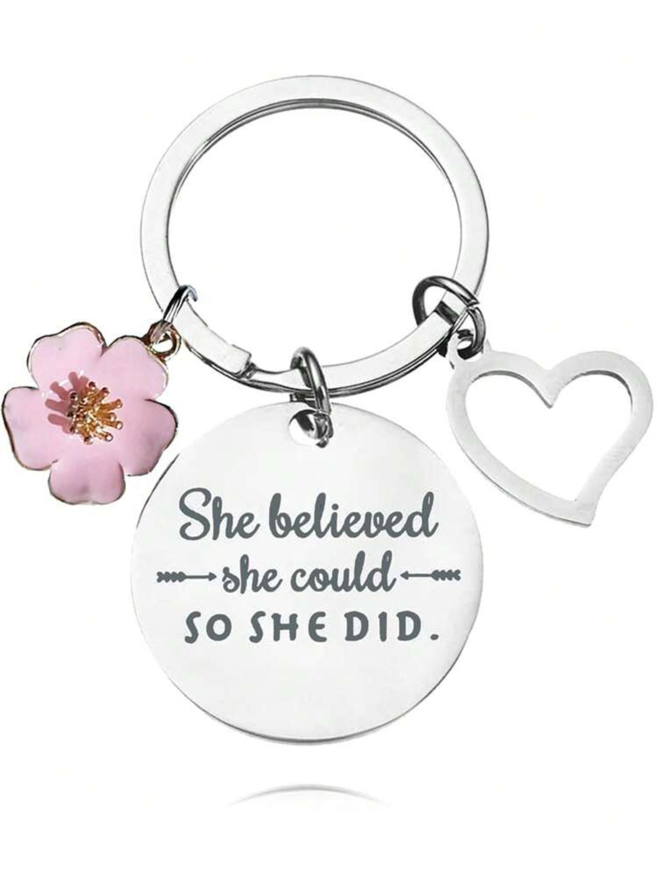 “She Believed She Could, So She Did” Inspirational Keyring with Flower & Heart Charm – Empowerment Gift for Women

