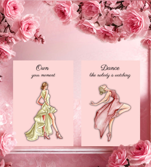Decorative prints with dancing figures and text, Own your moment and Dance like nobody is watching on a pink background