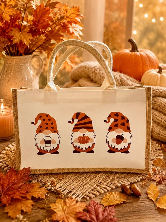 A cream canvas tote bag with a natural jute trim and handles, featuring a graphic of three autumn-themed gnomes. The bag is styled in a cozy fall setting with pumpkins, autumn leaves, a candle, and a knitted blanket.