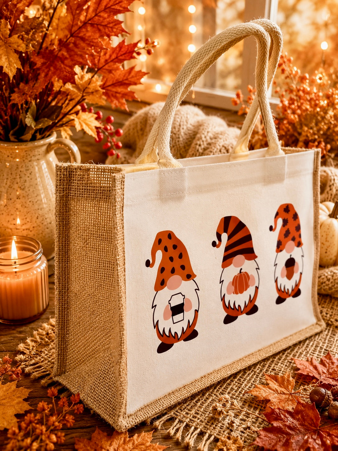 A canvas tote bag with a burlap-look side panel and cream handles, decorated with three autumn-themed gnomes. The bag is styled in a cozy fall setting with a lit candle, dried leaves, and warm string lights in the background.