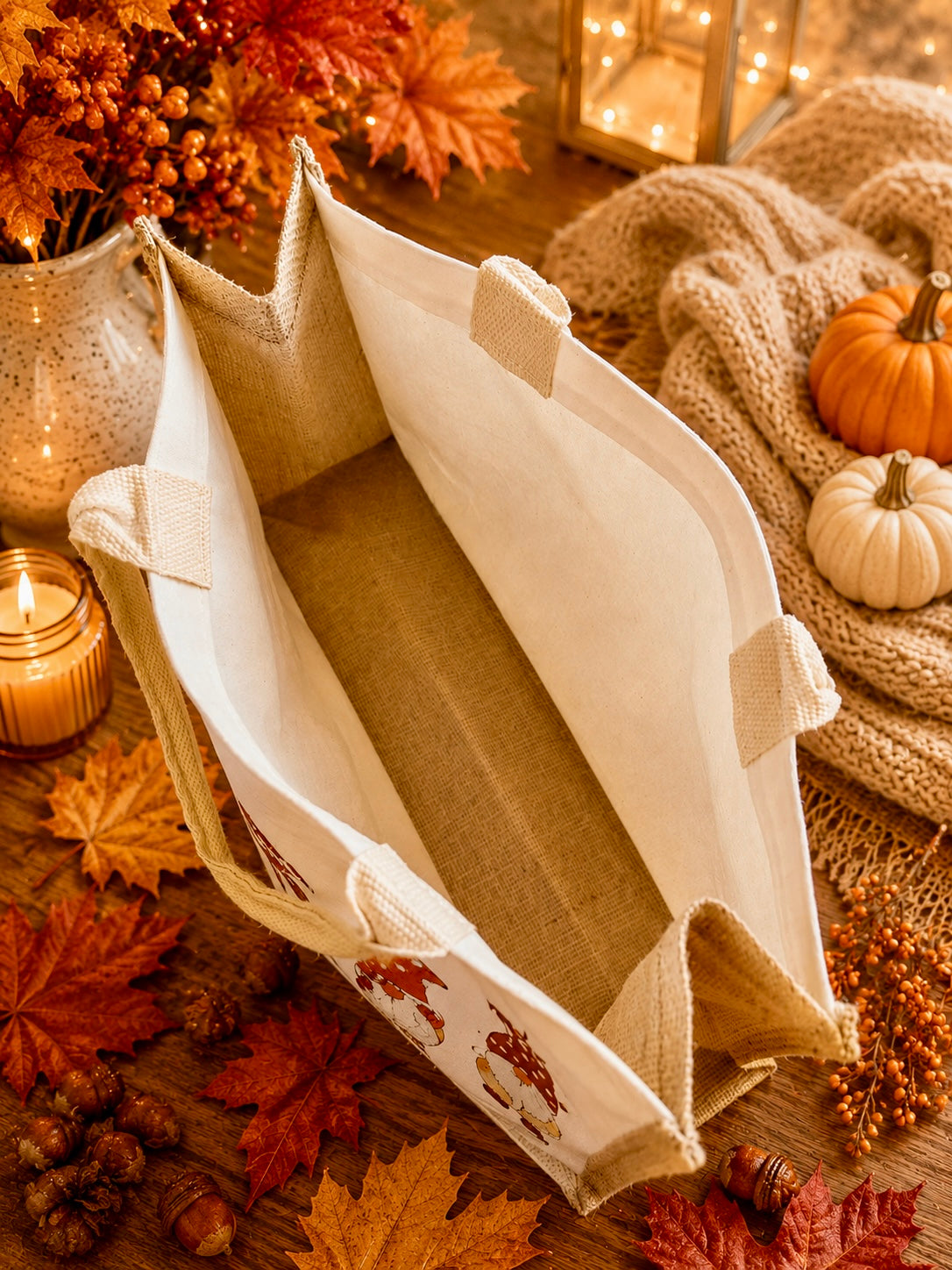 A canvas tote bag with a natural burlap-like exterior and a white printed side panel featuring autumn leaves and small figures, styled in a cozy fall setting with pumpkins, leaves, candles, and a knitted blanket.