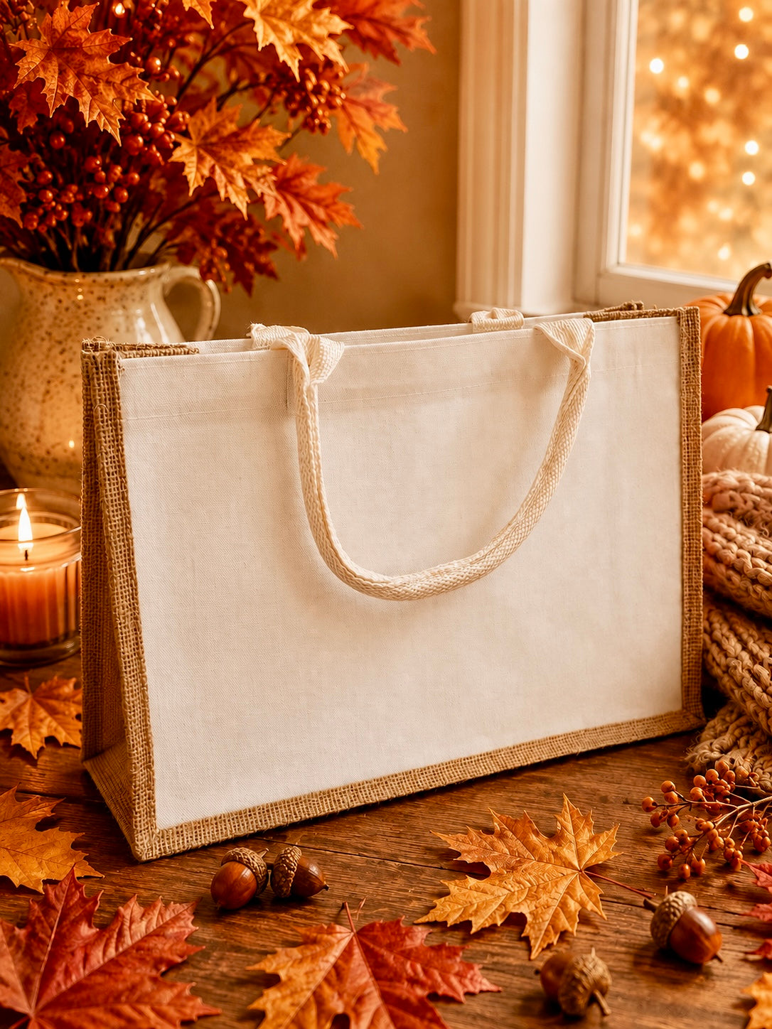 A large cream canvas tote bag with natural burlap trim and rope handles, styled on a wooden table with autumn leaves, acorns, a candle, pumpkins, and fall foliage.