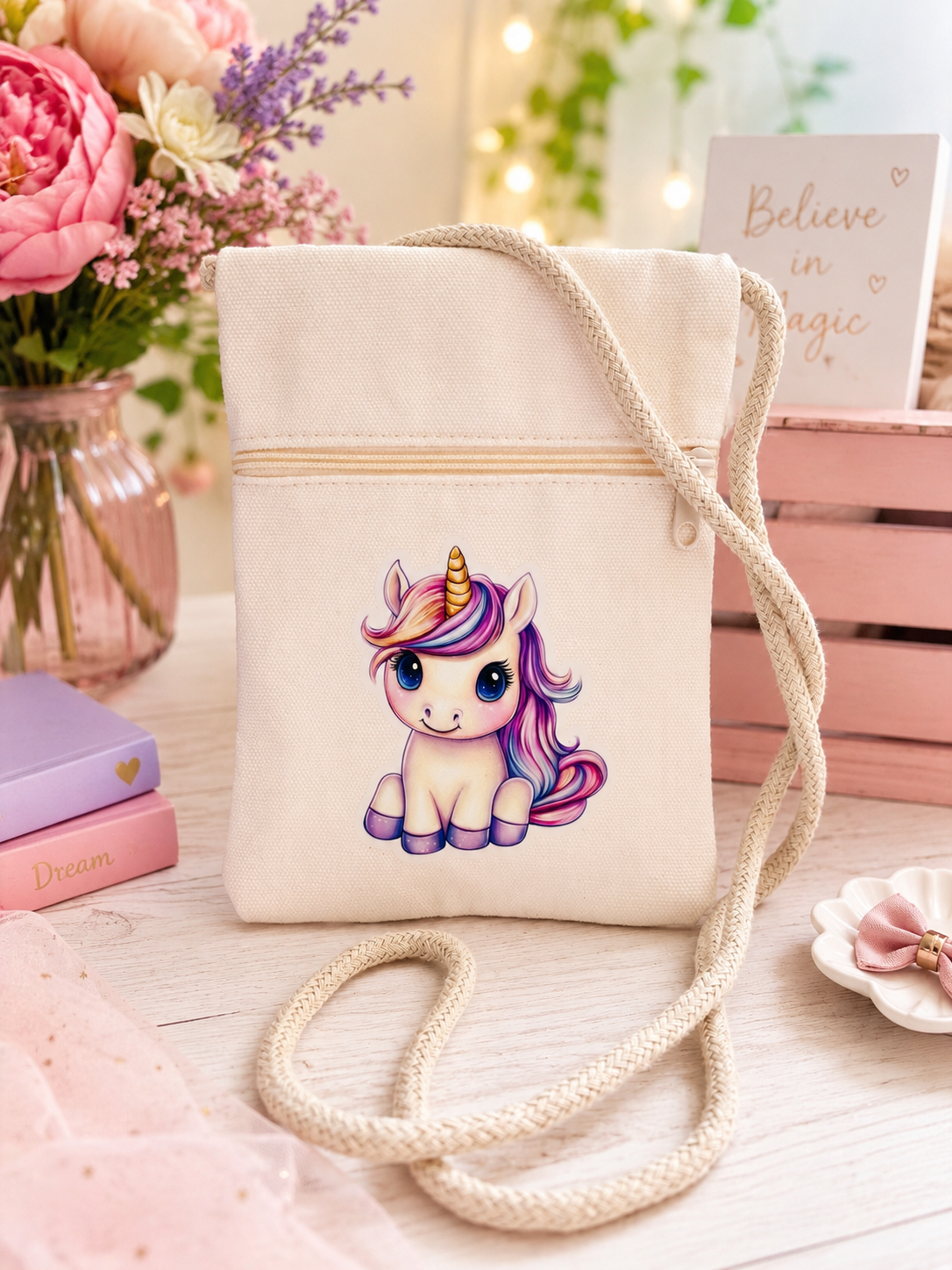 A cream canvas crossbody bag featuring a cute cartoon unicorn with purple and pink hair and a gold horn. The bag is styled on a light wooden table with pink flowers, a pink basket, and a card that reads 'Believe in magic'.