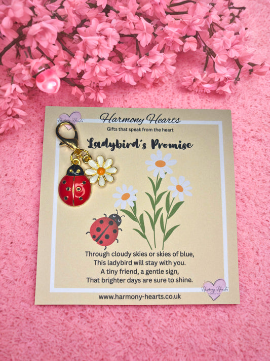 Ladybird-shaped keychains on a 'Harmony Hearts' card with pink flowers in the background.