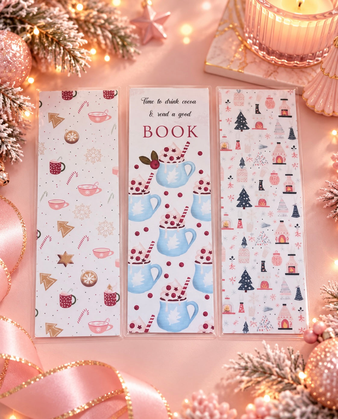 Three decorative bookmarks with holiday-themed illustrations are arranged on a pink surface with warm lights, ribbons, and festive ornaments. The center bookmark reads 'Time to drink cocoa & read a good BOOK' and features blue mugs, red dots, and brown accents.