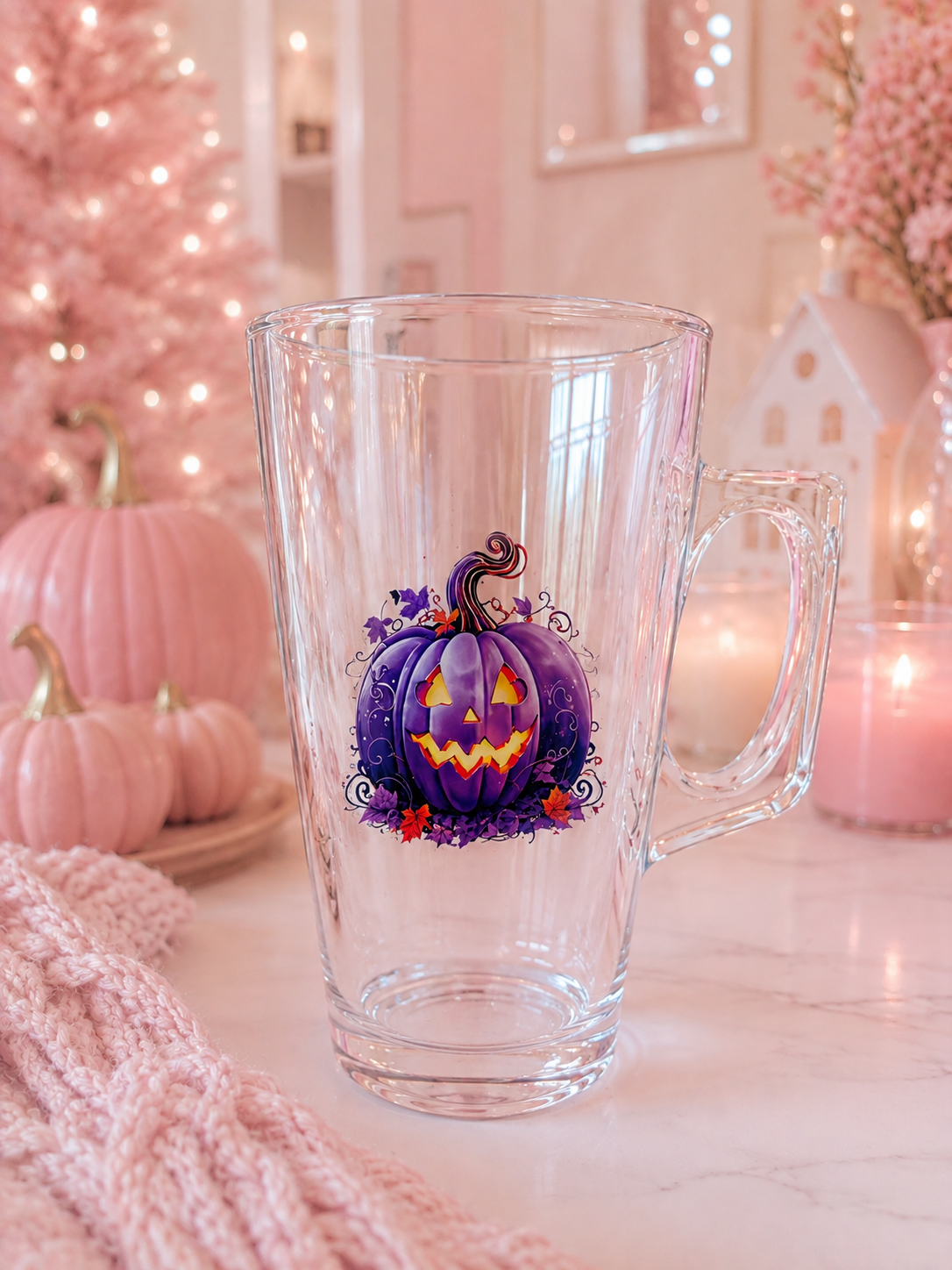 Clear latte glass featuring a purple pumpkin