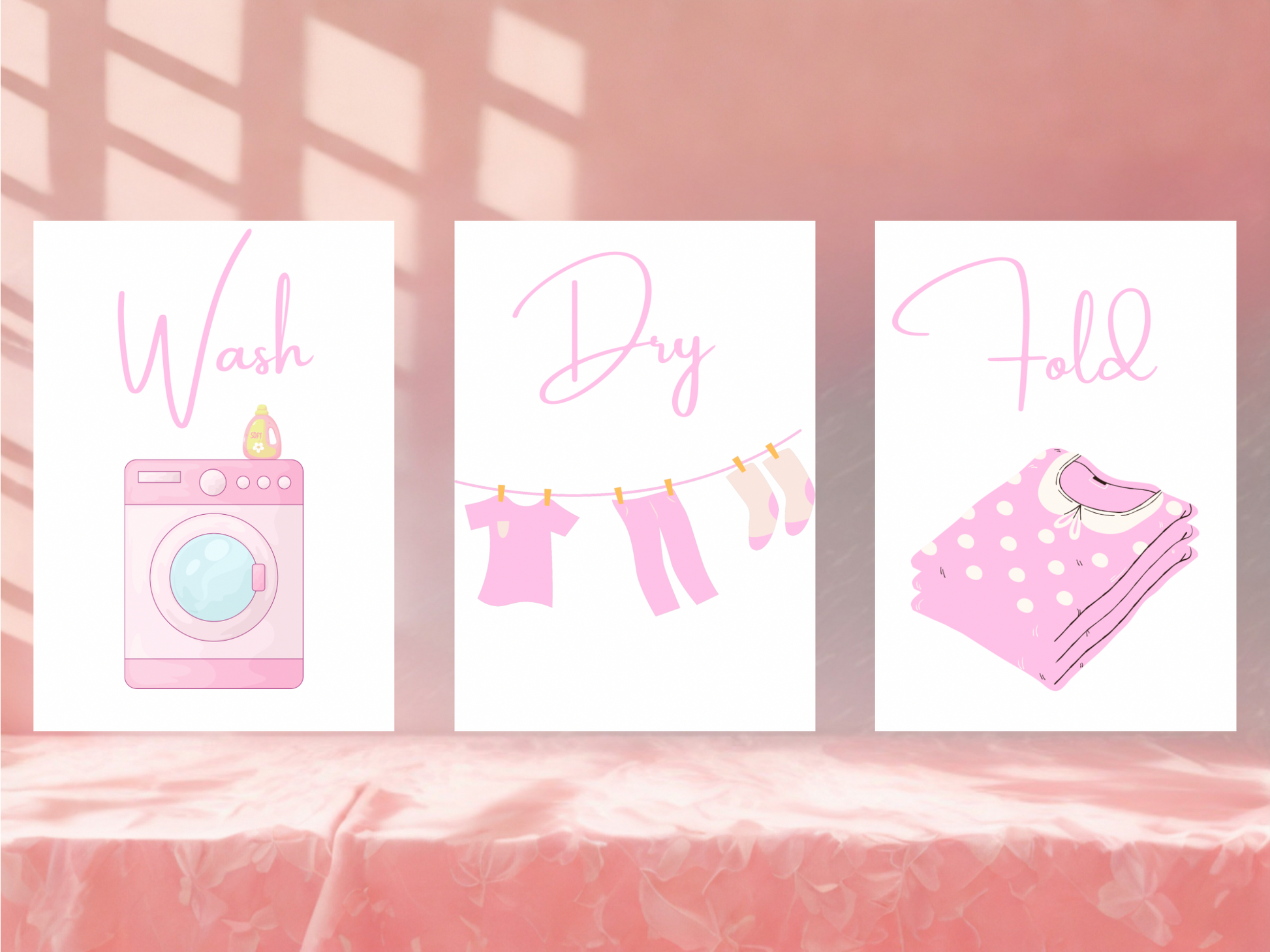 Three pink-themed laundry art prints with washing machine, clothesline, and folded clothes on a pink background.
Wash, dry, fold