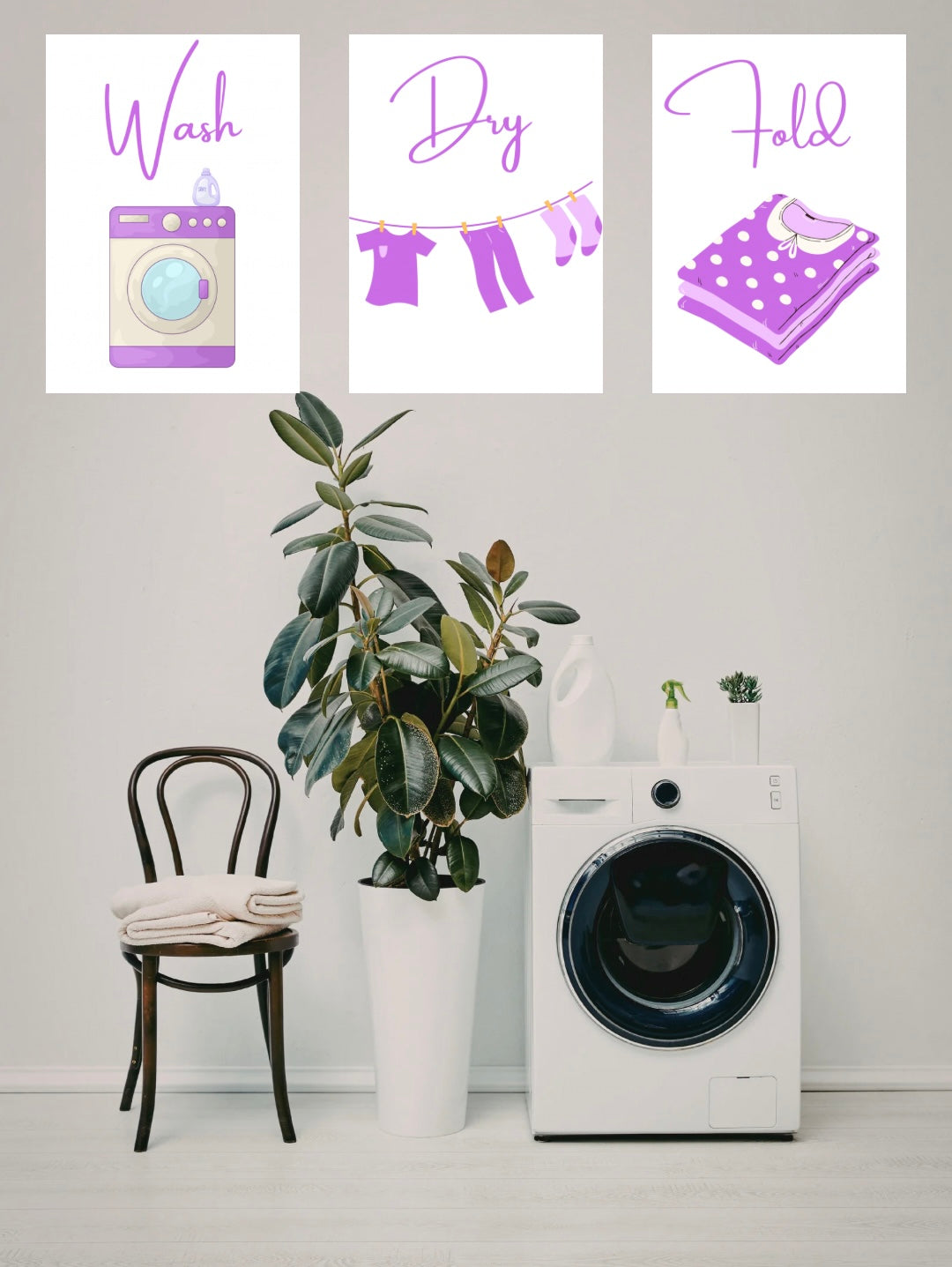 Laundry-themed wall art with washing machine, clothes, and towel on a white wall above a washing machine.