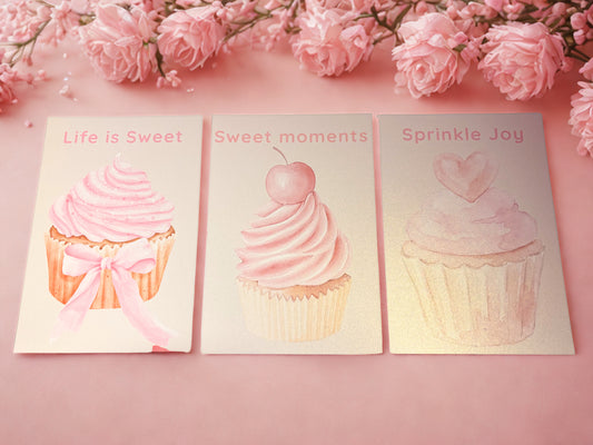 Set of 3 cupcake prints with the words Life is sweet, Sweet moments, Sprinkle joy