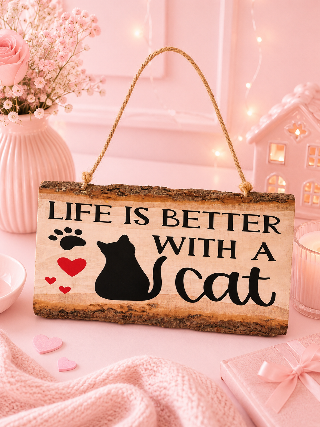A rustic wooden hanging sign with a natural bark edge, featuring the text 'LIFE IS BETTER WITH A CAT' in black lettering alongside a black cat silhouette, a black paw print, and small red hearts. The sign hangs from a rope handle in a pink-themed setting with a pink vase of flowers, fairy lights, and a pink gift box.