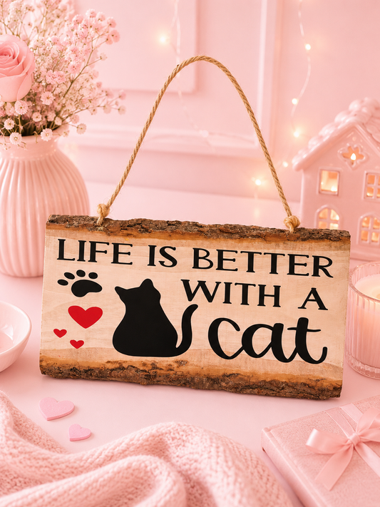 A rustic wooden hanging sign with a natural bark edge, featuring the text 'LIFE IS BETTER WITH A CAT' in black lettering alongside a black cat silhouette, a black paw print, and small red hearts. The sign hangs from a rope handle in a pink-themed setting with a pink vase of flowers, fairy lights, and a pink gift box.