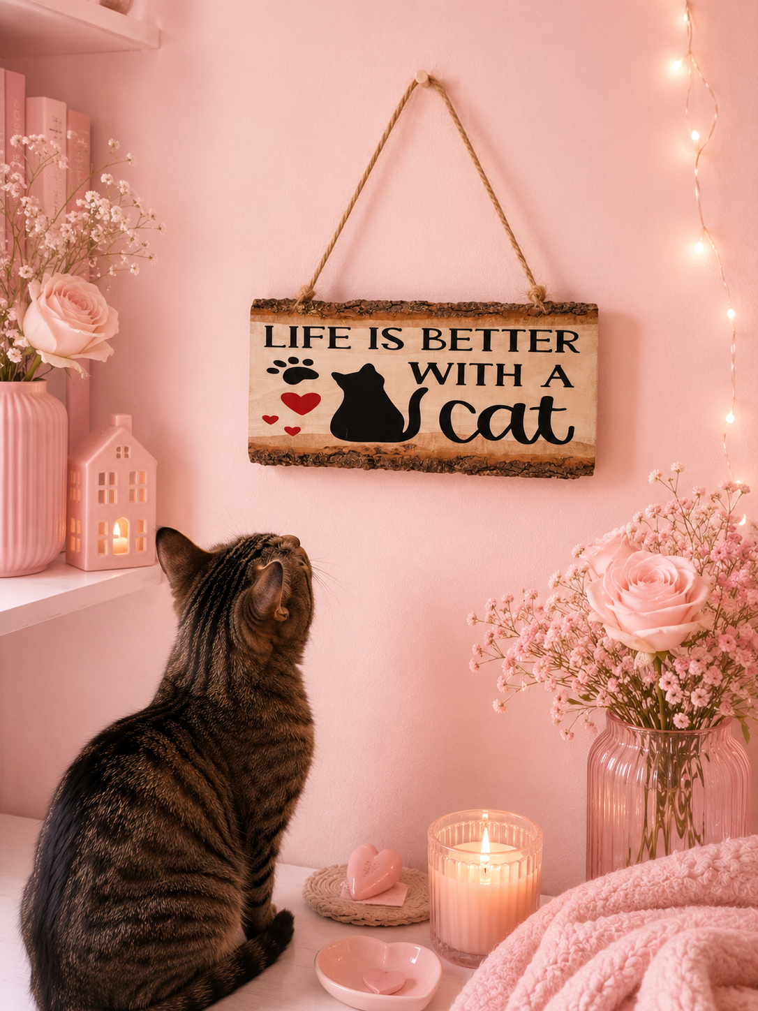 A brown tabby cat sits on a white shelf looking up at a rustic wooden wall sign that reads 'LIFE IS BETTER WITH A cat' in black lettering with a black cat silhouette and small red hearts. The scene is decorated in soft pink tones with a pink wall, pink flowers in glass vases, a pink candle, and warm string lights.