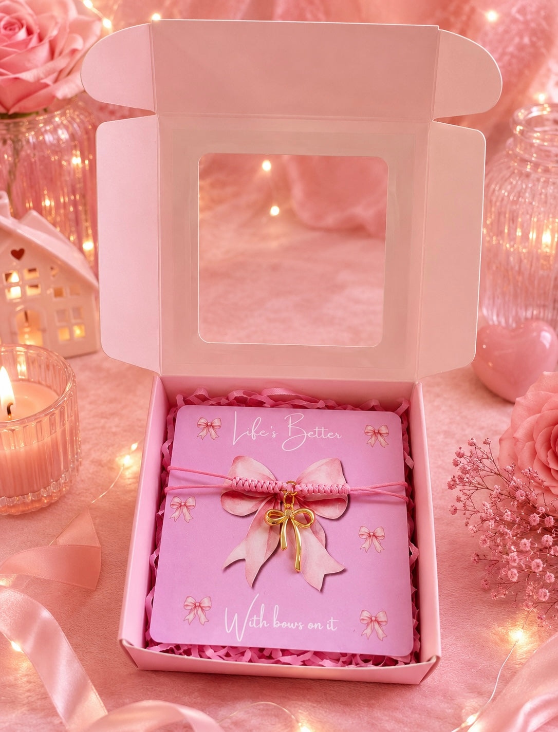 A pink gift box with a clear window lid is open, revealing a pink card tied with pink cord bracelet with a bow charm. The box is styled with pink ribbed paper, fairy lights, roses, and candles in a soft pink setting.