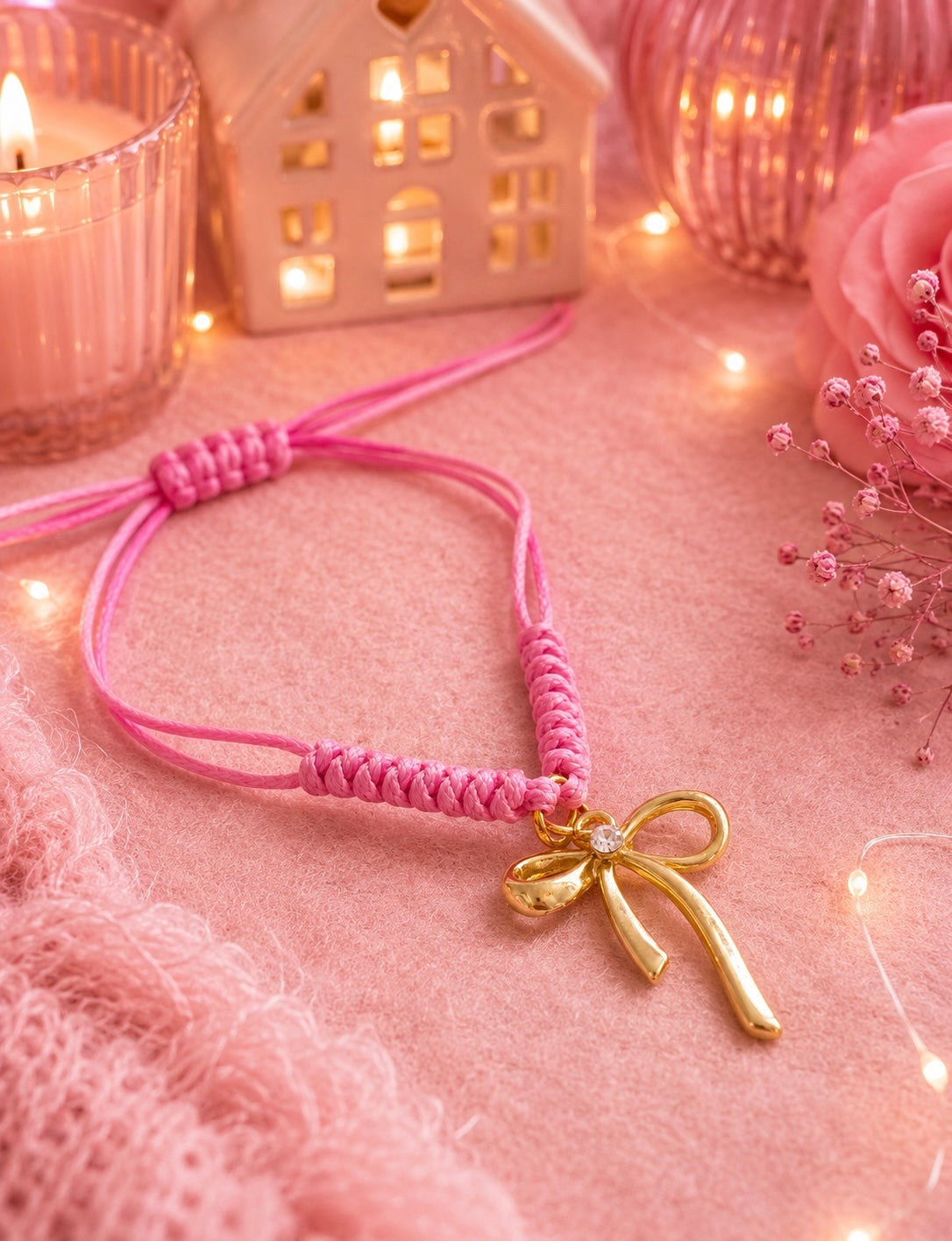 A pink braided cord bracelet with a polished gold bow charm, displayed on a soft pink textured fabric with warm decorative background elements including a candle, a small house ornament, and fairy lights.