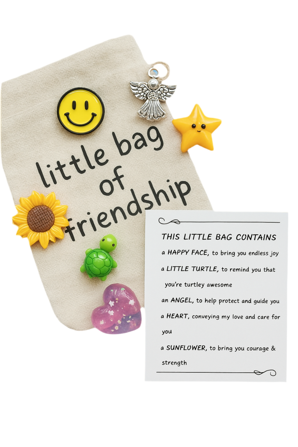 A fabric bag labeled 'little bag of friendship' containing various small items including a plush turtle, a metal angel, a sunflower, and others, displayed with an information card stating the contents and purpose of the collection.