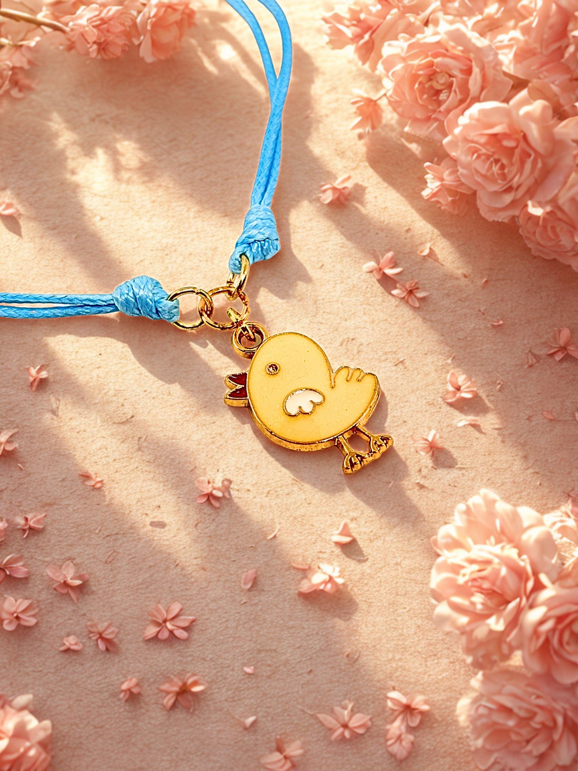 Gold chick charm on a blue cord with pink flowers in the background