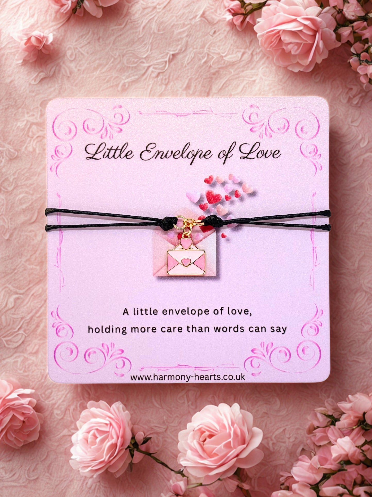 Pink Envelope charm with 'Little Envelope of Love' card on a pink floral background