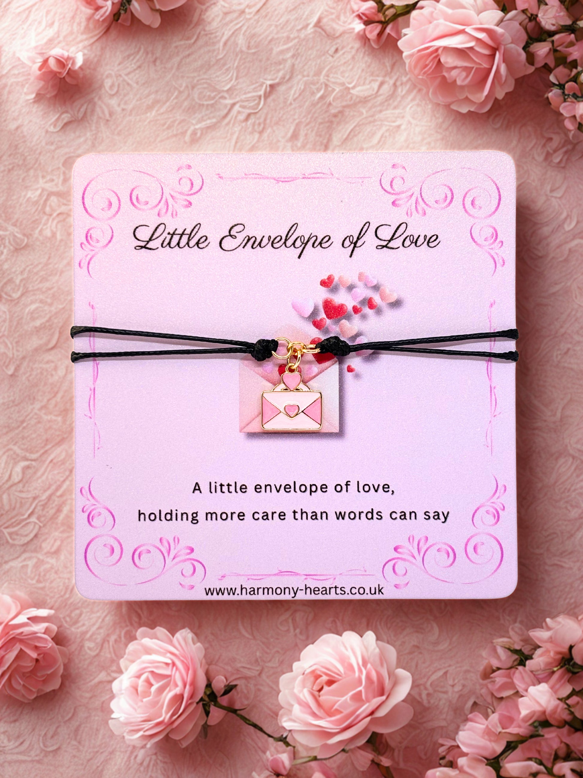 Pink Envelope charm with 'Little Envelope of Love' card on a pink floral background