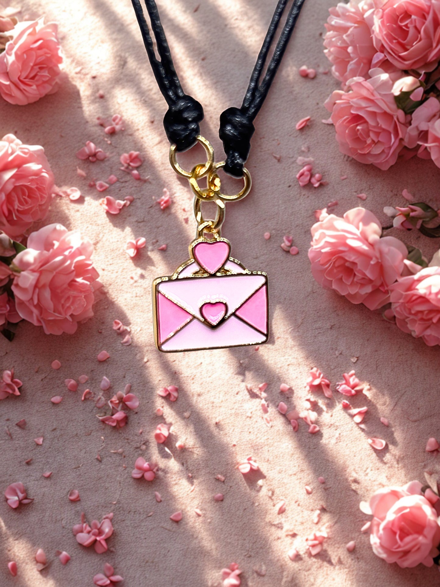 Bracelet with a pink envelope charm surrounded by pink flowers on a pink background