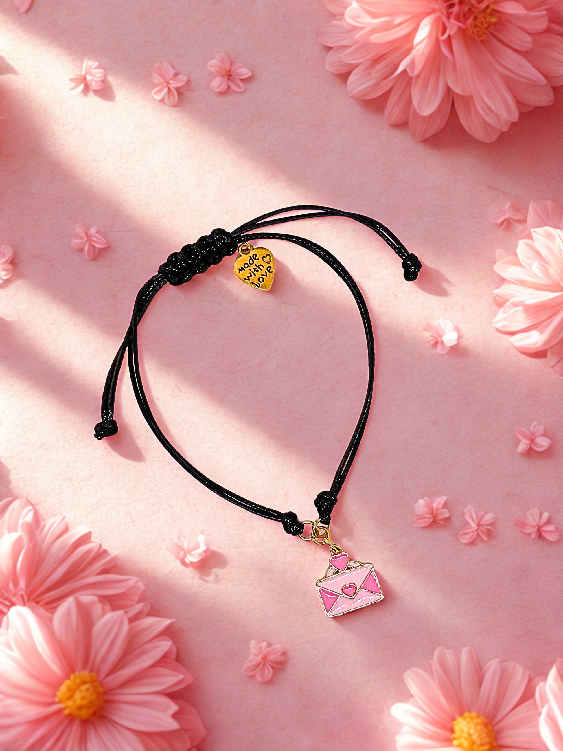 Black cord bracelet with pink envelope charm on a pink floral background