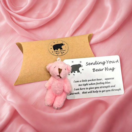 Pocket Bear Hug Gift — soft mini bear with heartfelt message card in kraft pillow box, perfect for sending love, comfort, and support”