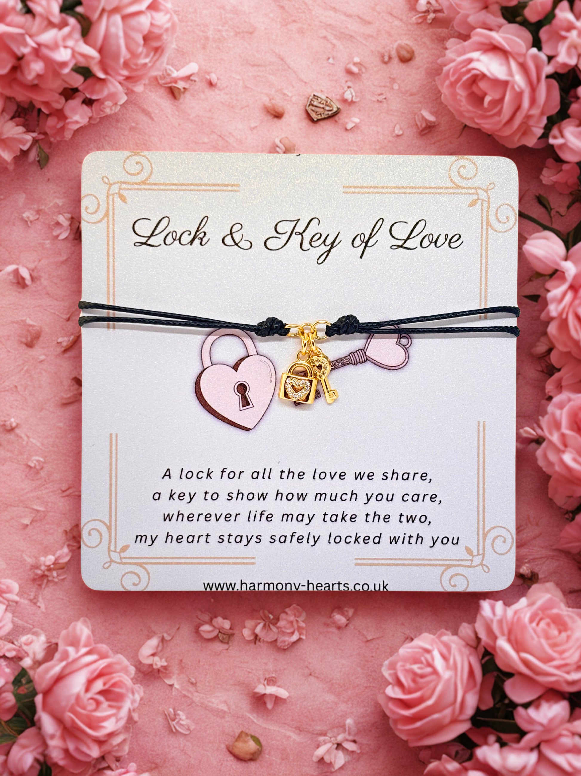 Lock & Key Of Love Charm Bracelet on a card with Harmony Hearts branding