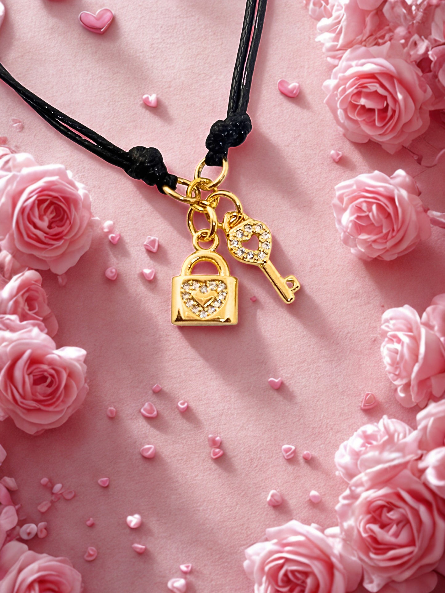 Bracelet with gold lock and key charms on a pink floral background