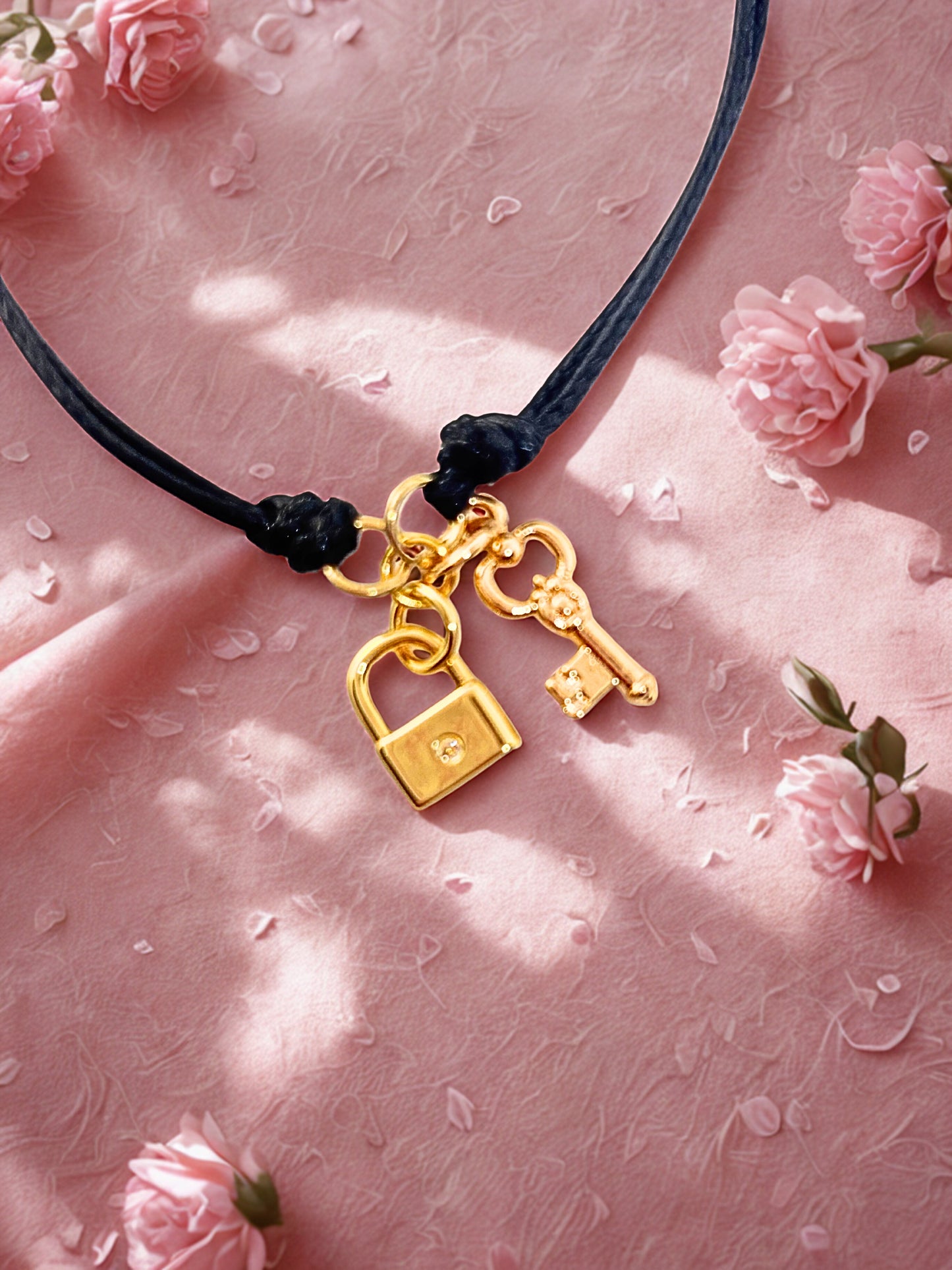 Bracelet with gold lock and key charms on a pink textured background with flowers.