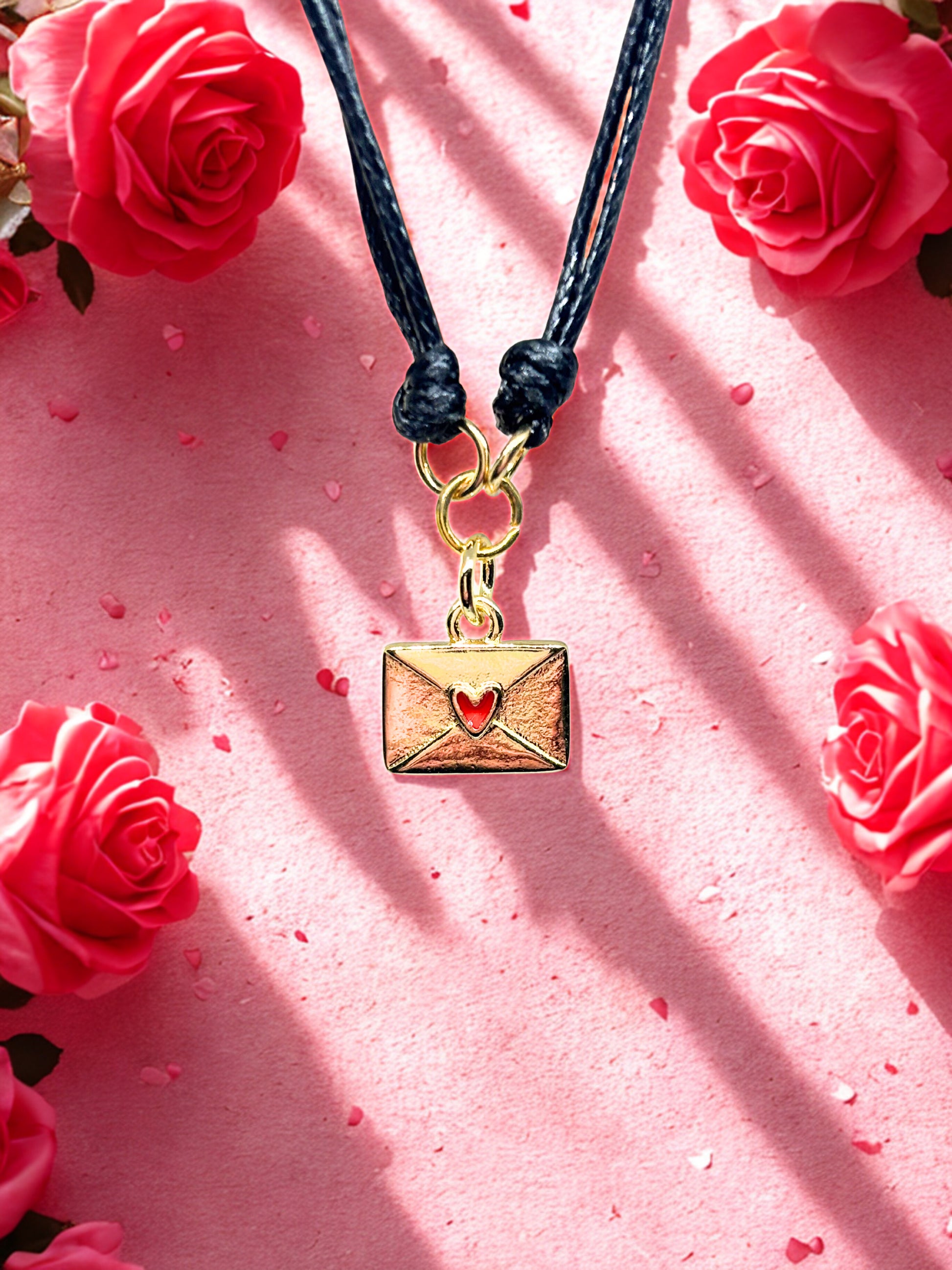 Bracelet with a gold envelope charm on a pink background with red roses