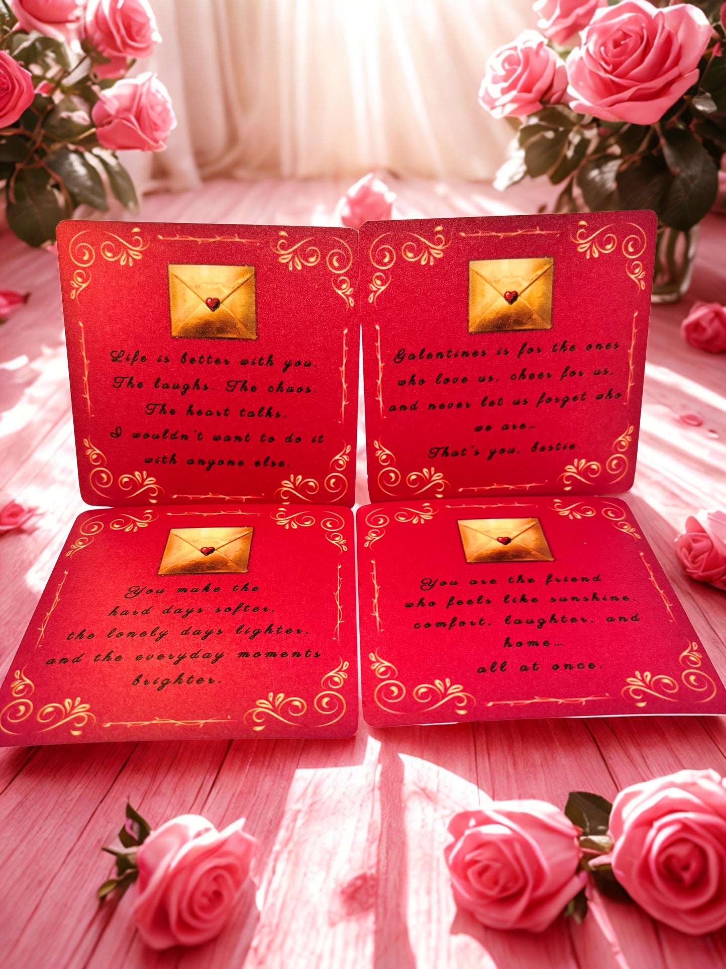 Set of red cards with gold accents and floral decorations on a pink surface.