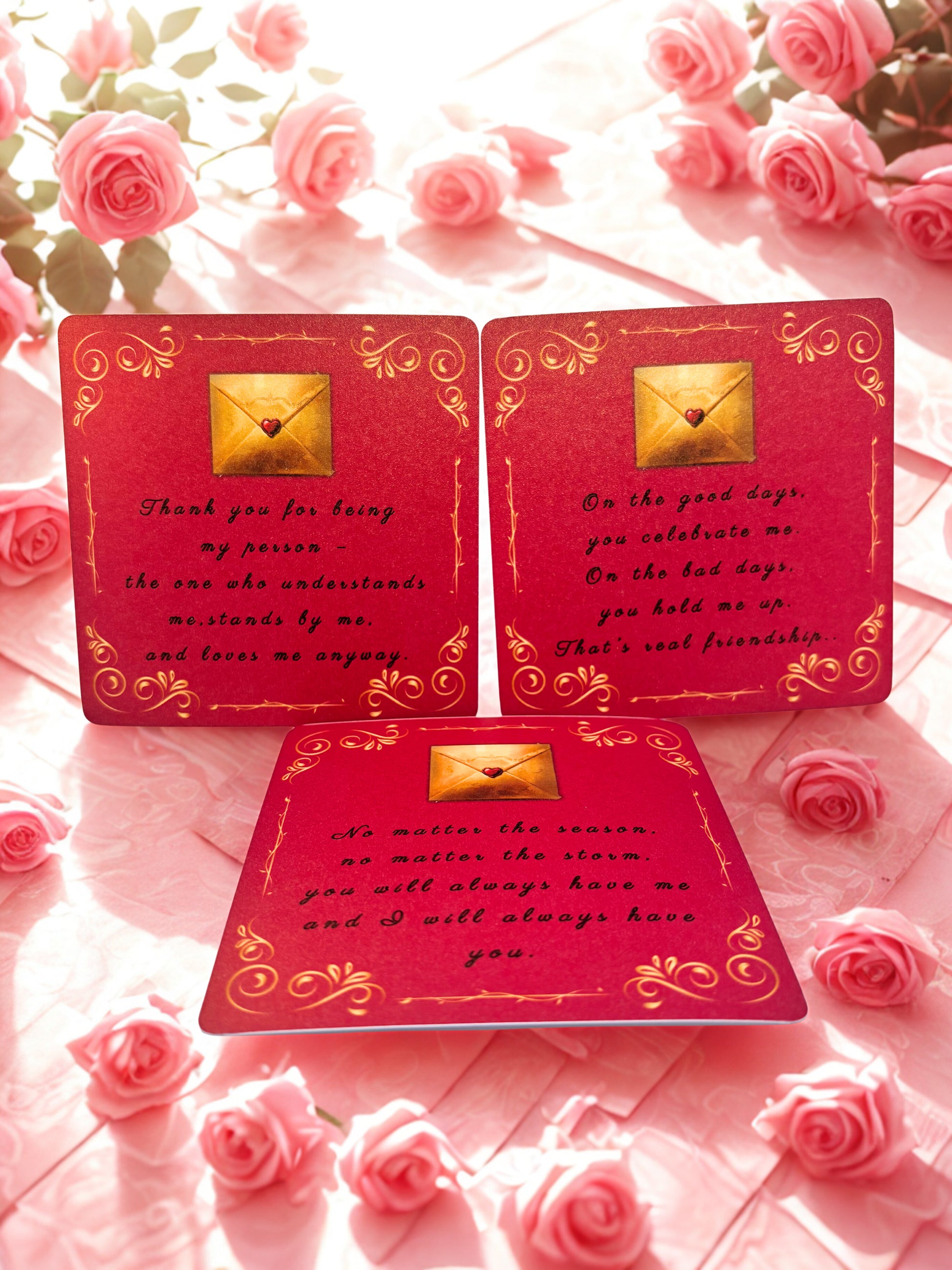 Red cards with gold text and decorative elements on a pink floral background