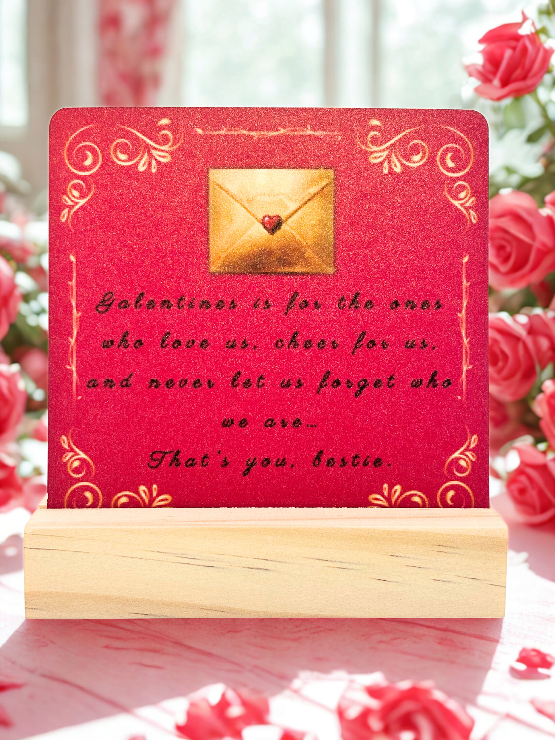 Red Valentine's card with gold envelope and heart design, placed on a wooden stand with roses in the background.