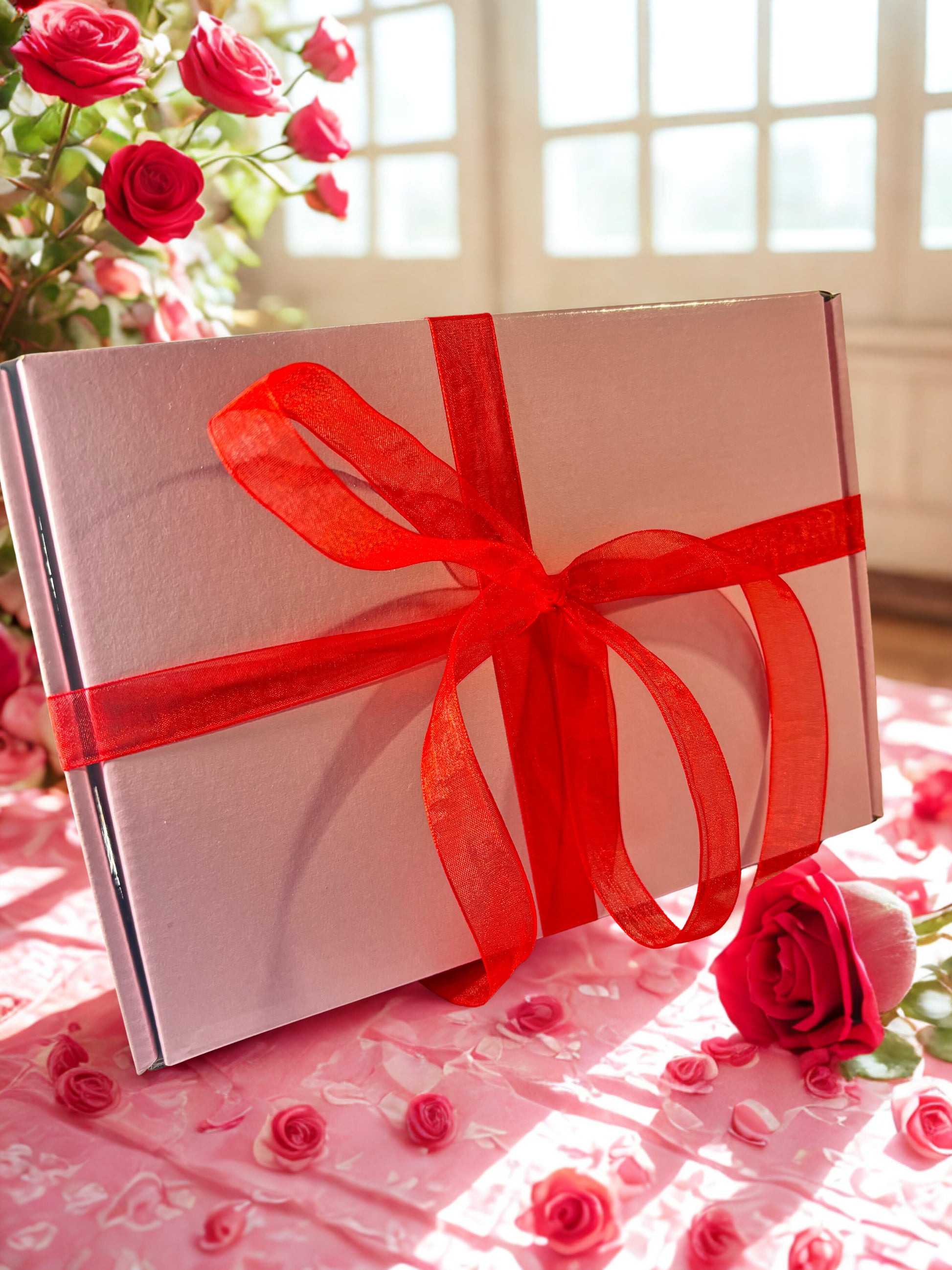 Gift box with a red ribbon surrounded by red roses on a light pink surface.