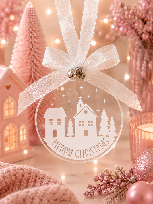Acrylic Christmas ornament with a white design of houses and Christmas tree with a sheer silver ribbon on a pink background