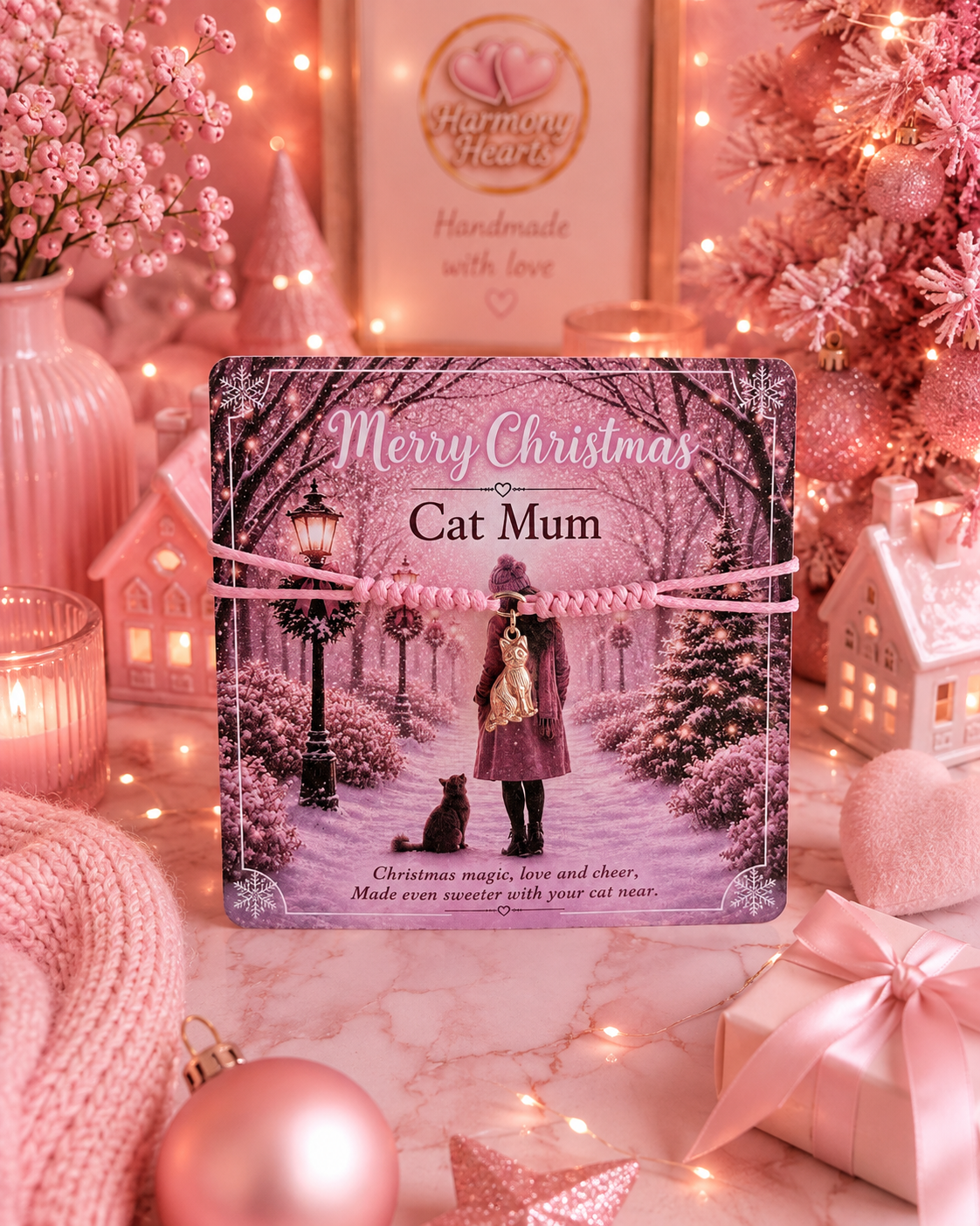 A square Christmas-themed cat keepsake card with a pink cord cat charm bracelet displayed on a pink marble surface with holiday decorations. The front shows an illustration of a woman walking with a cat in a snowy village scene, with the text 'Merry Christmas Cat Mum'