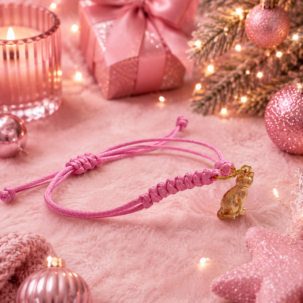 A pink braided cord bracelet with a small gold cat charm, styled on a pink faux fur surface with holiday decorations including a candle, gift box, ornaments, and lights.
