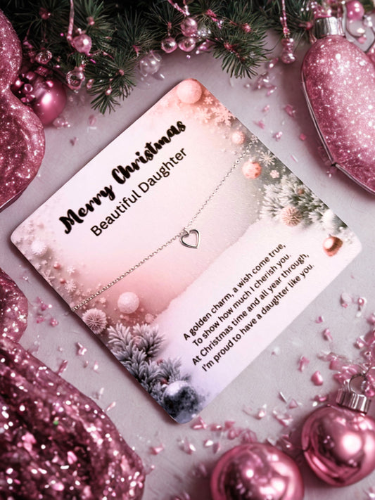 Silver heart bracelet on a card with 'Merry Christmas Beautiful Daughter' message surrounded by festive decorations.